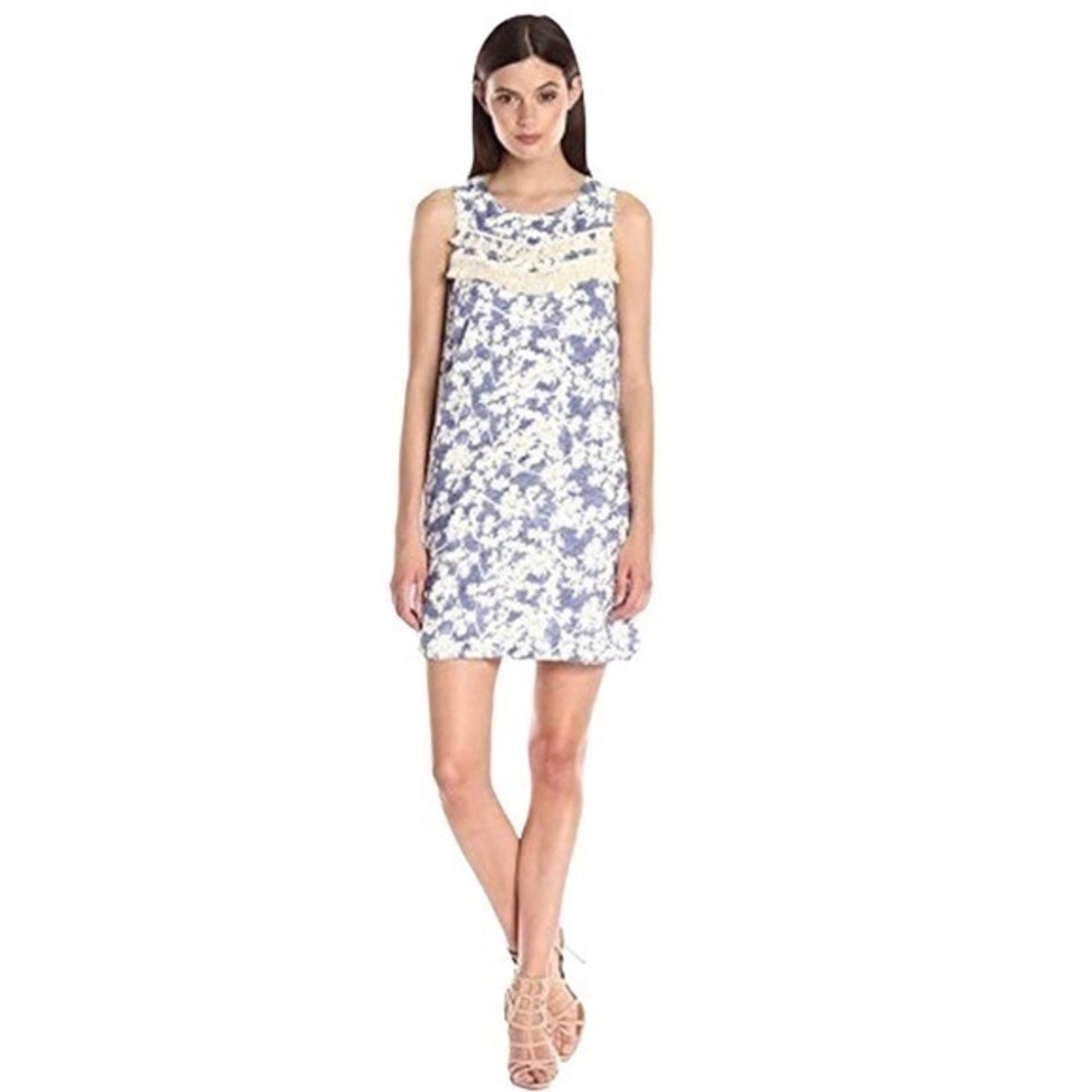 KENSIE Blue White Floral Tassel Fringe Shift Dress
